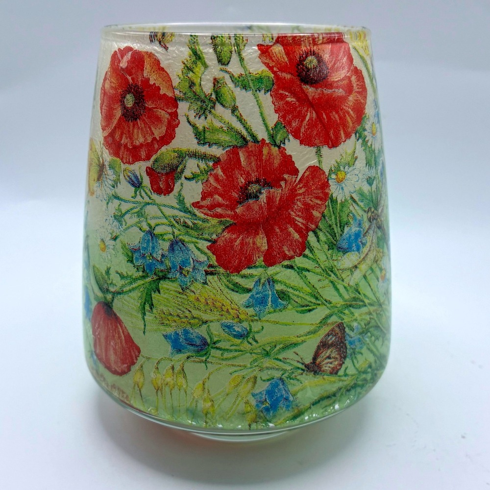 Romance Lights Candle Holder 5" Green Red Poppies Wildflowers Butterflies USA
